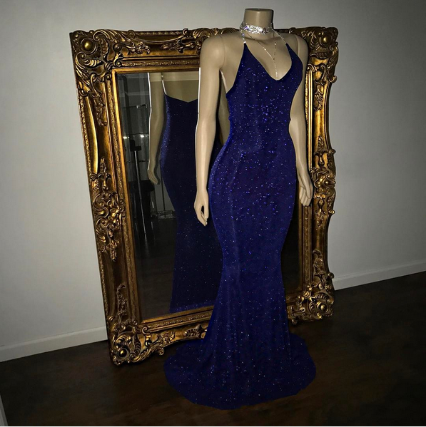 Elegant V-Neck Halter Mermaid Evening Dress with Sequins