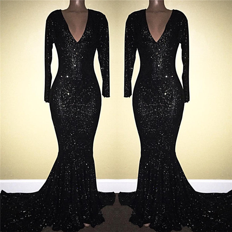 Mermaid Prom Dress with Long Sleeves & V-Neck - Black with Sequins