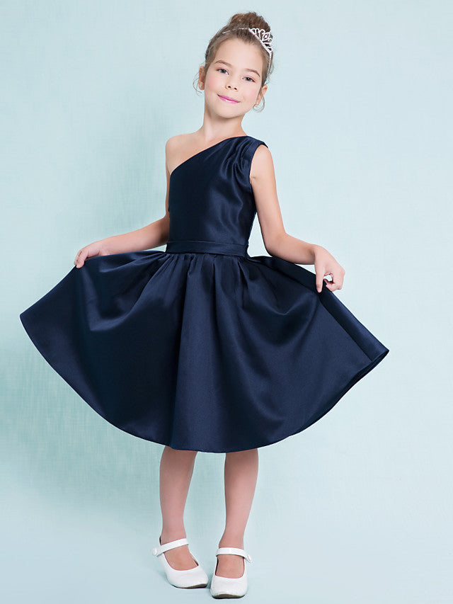 One Shoulder A-Line Satin Junior Flower Girl Dress with Sash Ribbon Pleats and Knee Length Fit