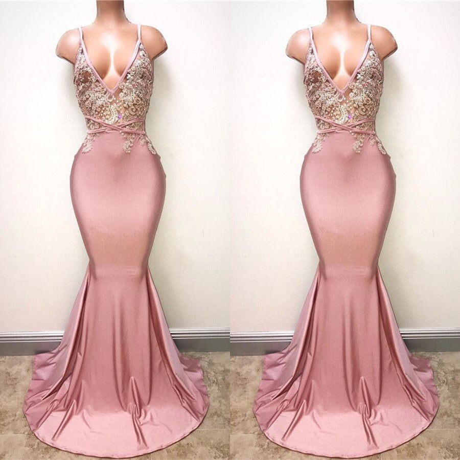 Glamorous Pink Spaghetti-Straps Long Mermaid Prom Dress With Lace Appliques