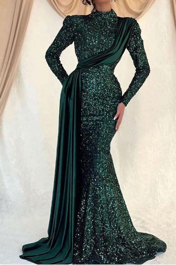 Glamorous Long Sleeves Prom Dress with Mermaid Sequins and Ruffles