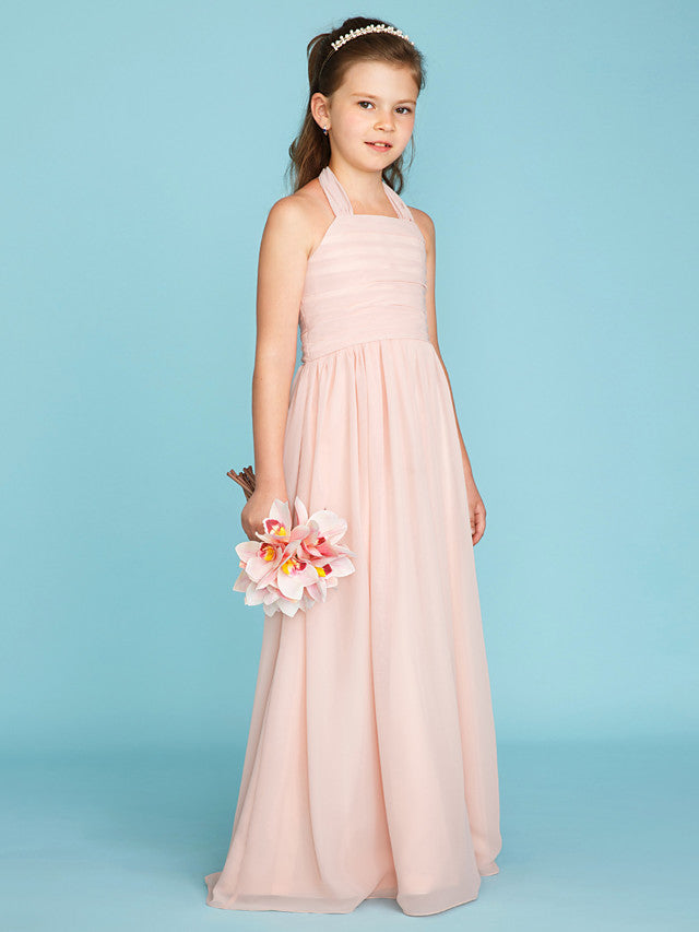 Princess A-Line Halter Neck Flower Girl Dress Floor Length Chiffon With Pleats Ruched