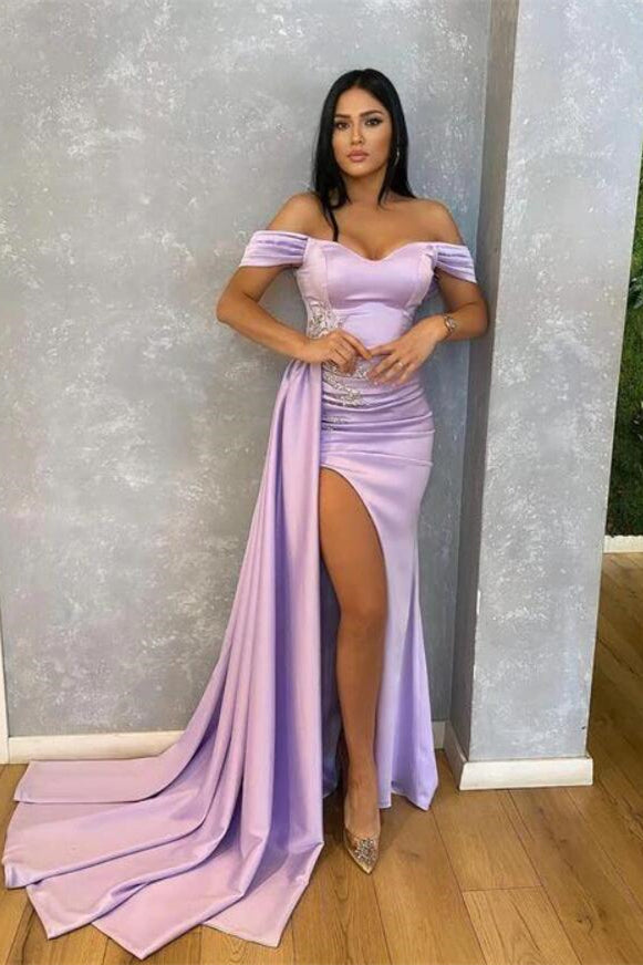 Lilac Mermaid Prom Dress with Beads and Ruffle Split - Off-The-Shoulder