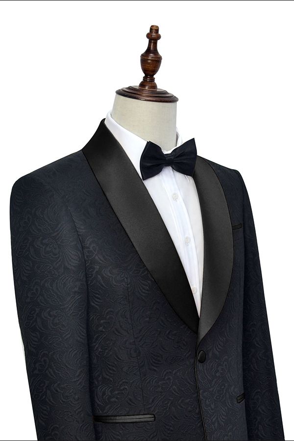 Classic Black Jacquard Tuxedo for Men | Shawl Lapel Silk One Button Wedding Suits