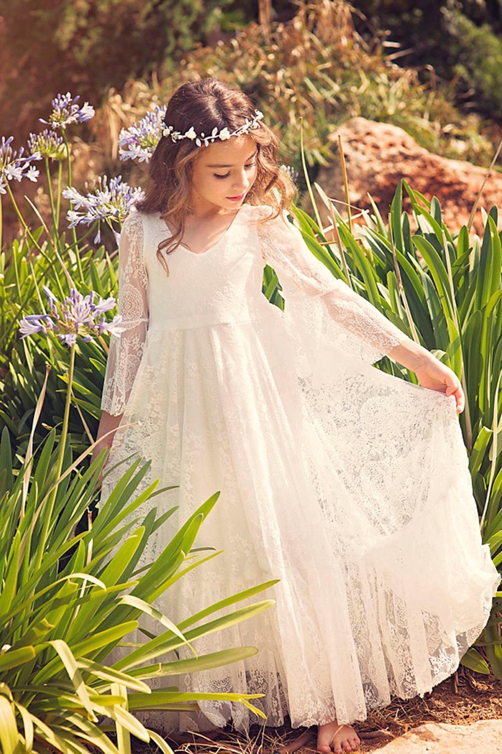 A-line V-neck Long Sleeves Flower Girl Dress with Lace Appliques