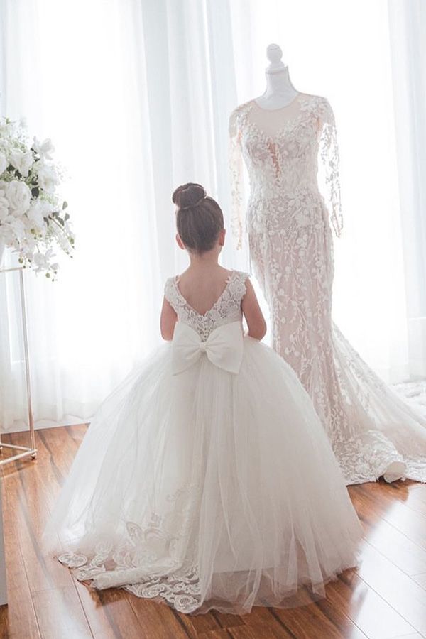 Ivory Jewel Sleeveless Flower Girl Dress with Tulle Appliques and Bow