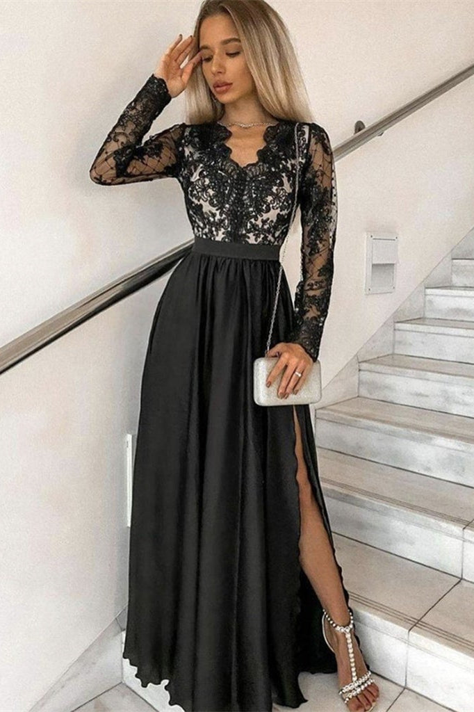 Long Sleevs Split Prom Black Dress