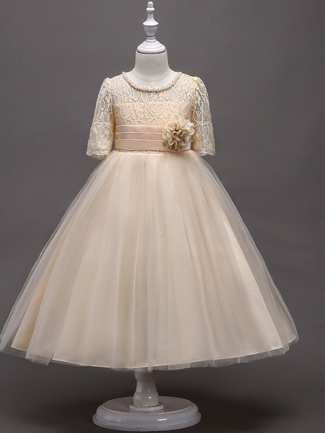 Half Sleeve Lace Jewel Neck Flower Girl Dresses with Satin Tulle Belt and Beading