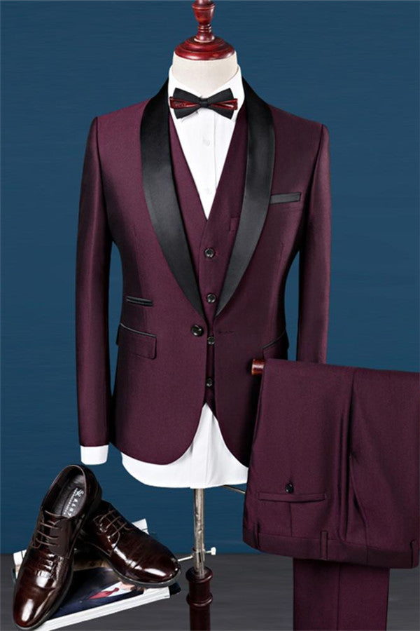 Formal Burgundy Slim Fit 3 Piece Shawl Lapel Groomsmen Suit