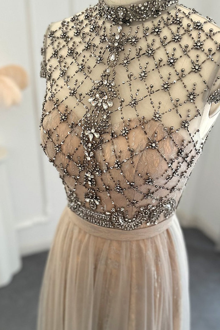 Chic A-Line Prom Dress with Champagne Jewel Neck and Tulle Diamond-Studded Detail