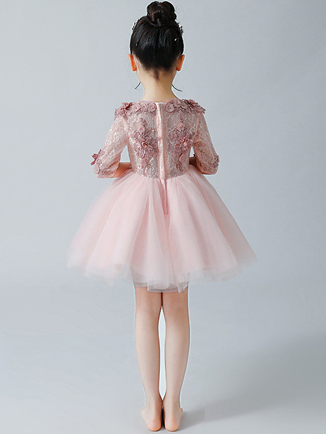 A-Line Half Sleeve Jewel Neck Flower Girl Dress with Tulle Appliques