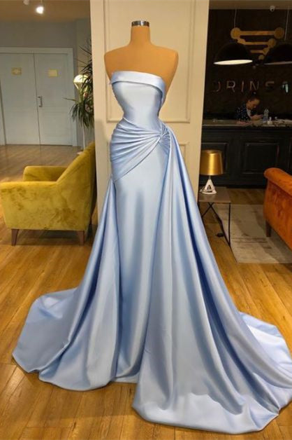 Elegant Strapless Mermaid Evening Dress in Baby Blue With Ruffle