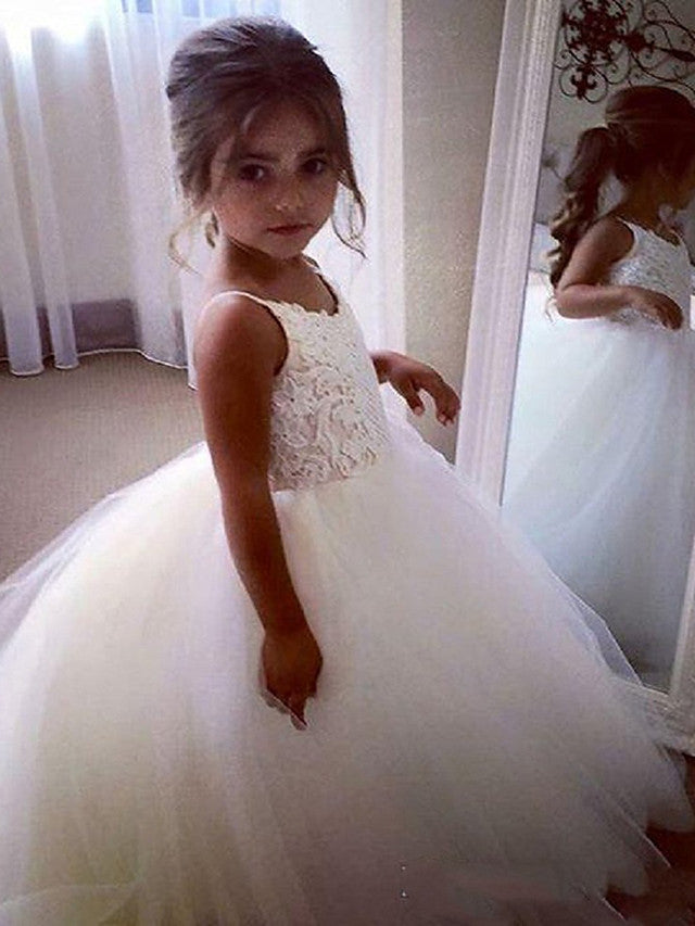 Sleeveless JewelPrincess Long Length Flower Girl Dress with Lace Appliques and Tulle