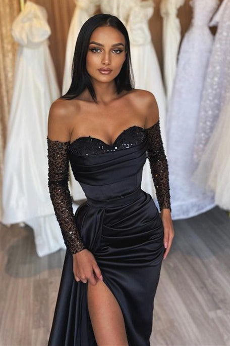 Mermaid Evening Dress With Split - Black Sequins