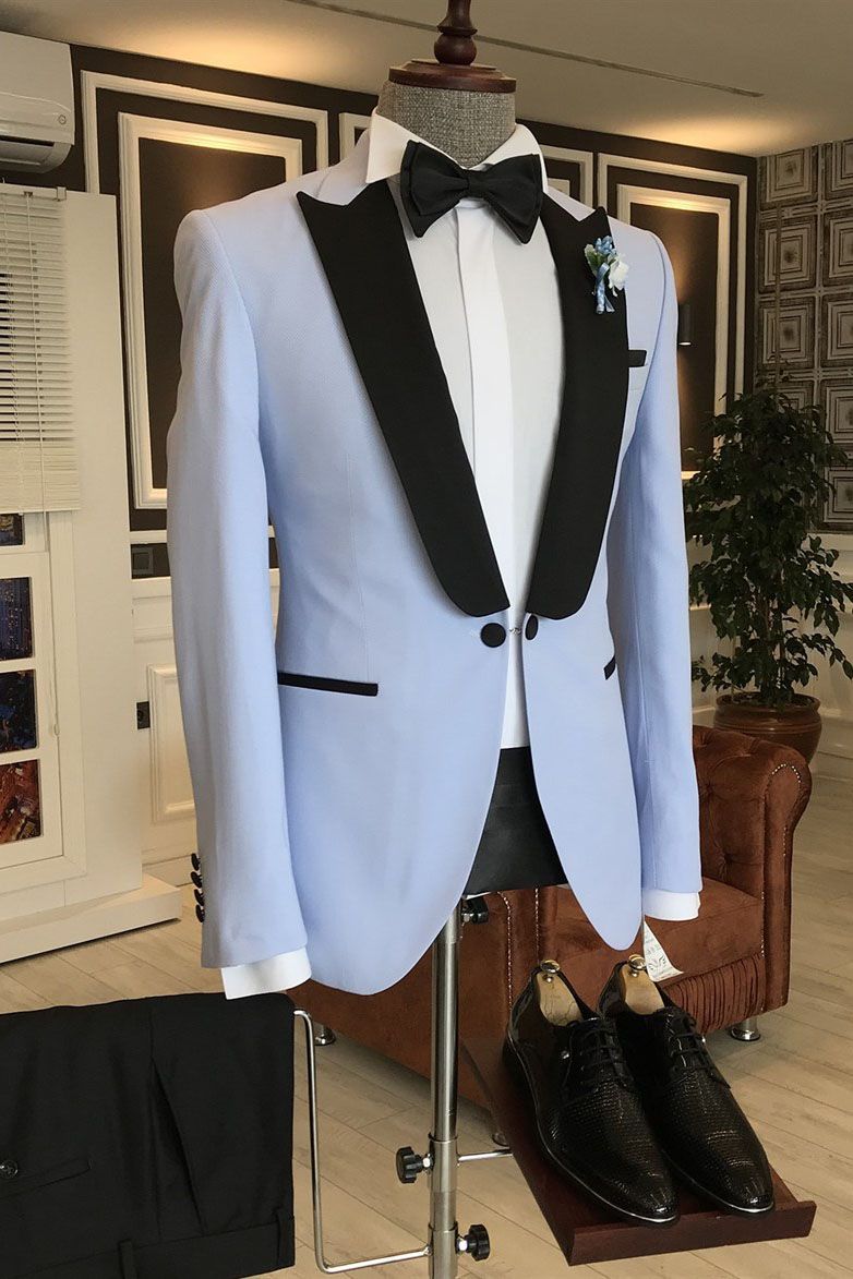 Sky Blue One Button Wedding Suit w/ Black Peaked Lapel