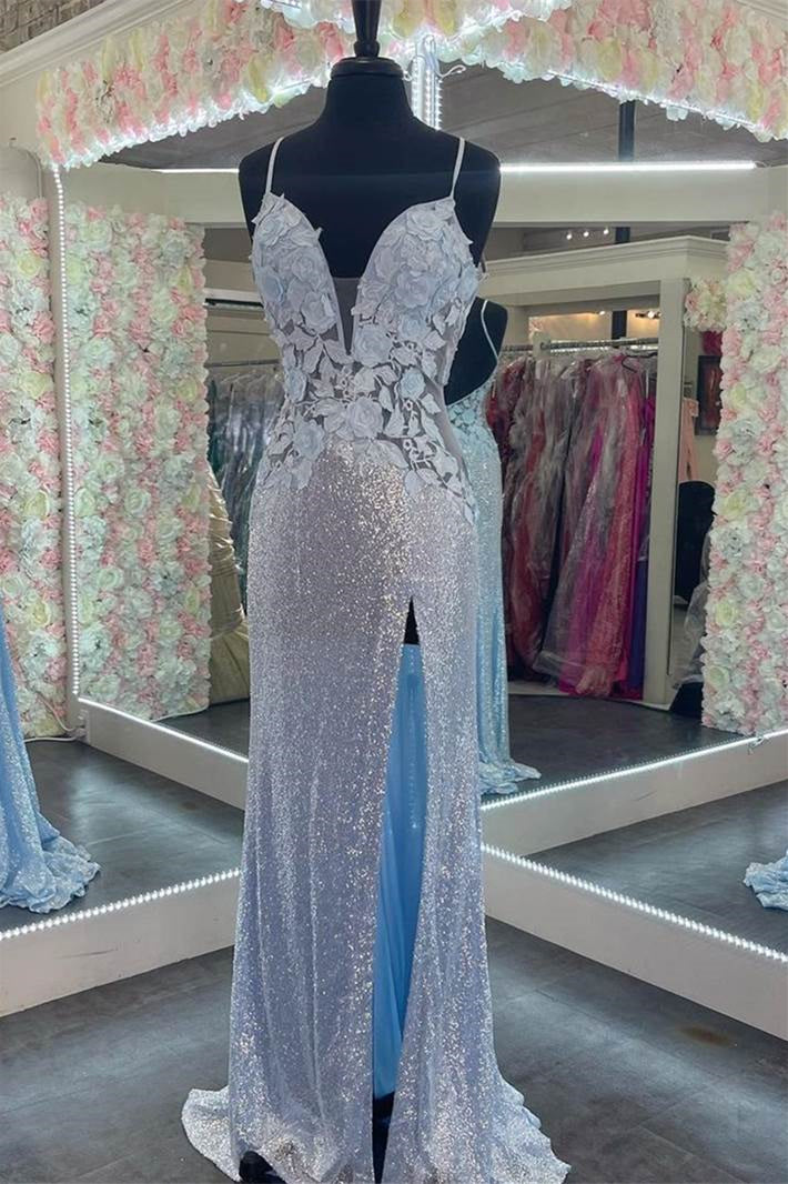 Charming V Neck Mermaid Prom Dress with Appliques Split