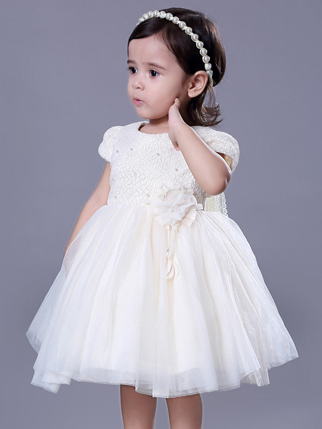 Short Sleeve Beading and Lace Flower Girl Dress with Belt