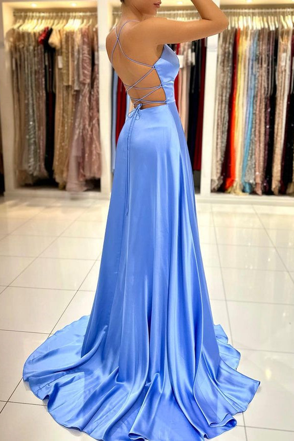 Simple Blue A Line Prom Dress with Spaghetti-Straps