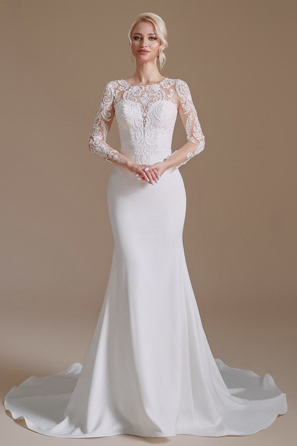 Elegant Jewel Satin Lace Long Mermaid Wedding Dress With Sleeves