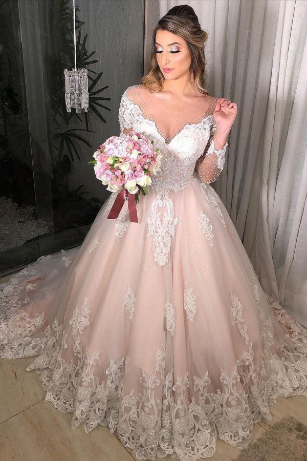 Long Sleeves Off-the-Shoulder Lace Applique Princess Tulle Floral Wedding Dress