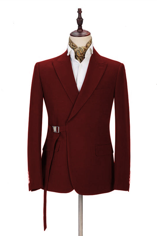 Burgundy Prom Suit for Boys with Peak Lapel and Buckle Button - 2 Piece