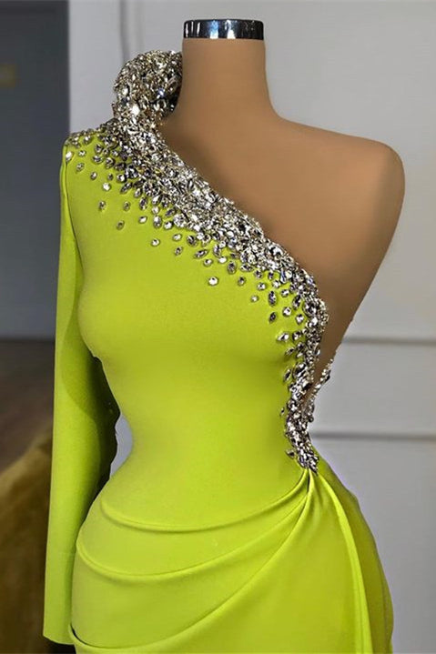 One-Shoulder Prom Dress with Green Beadings and Long Sleeves