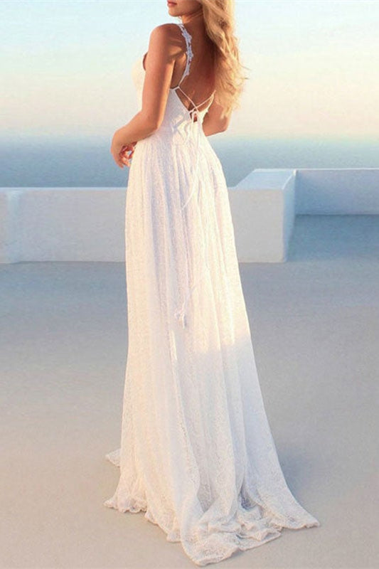 Modern V-Neck Lace Beach Wedding Dress