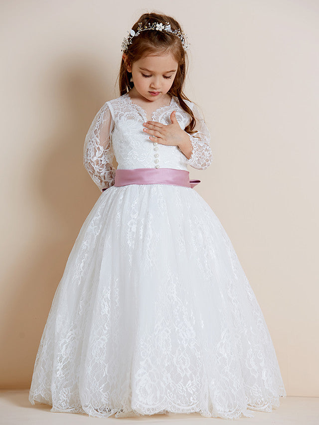 Long Sleeve V Neck Ball Gown with Lace Tulle Ribbon Bow and Lace Sash for Flower Girl Dress