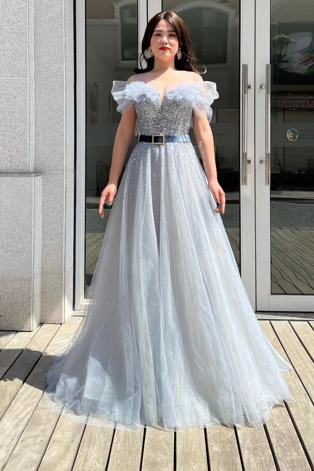 Gorgeous Off-The-Shoulder Sequins Tulle Prom Dress with Belt Beads