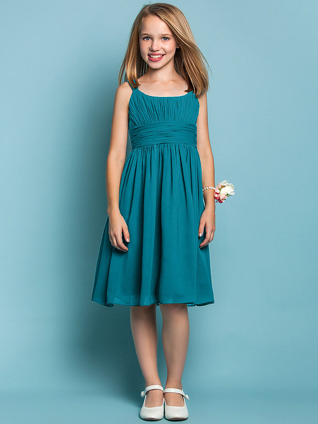 Elegant Knee-Length Chiffon Flower Girl Dress with Sheath Column Straps and Ruched Draping