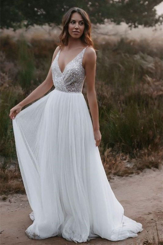 Tulle Sequins V-Neck Sleeveless Wedding Dress