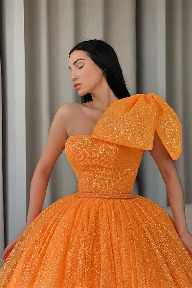 Stunning Orange One-Shoulder Ball Gown With Sequins