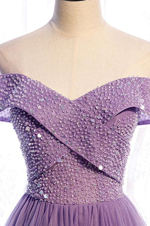 Purple Sequins Sweetheart Off-The-Shoulder Prom Dress