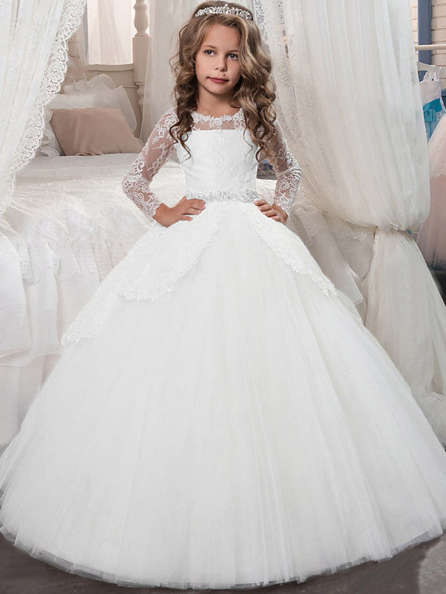 Princess Long Sleeve Jewel Neck Flower Girl Dress with Lace Crystals and Rhinestones