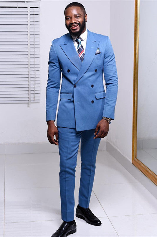 Fashion Blue Western Suits for Wedding Double Breasted with Peaked Lapel