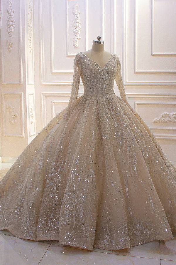 Glamorous Long Sleeves V-neck Ball Gown Wedding Dress With Sequins Beading Ruffles