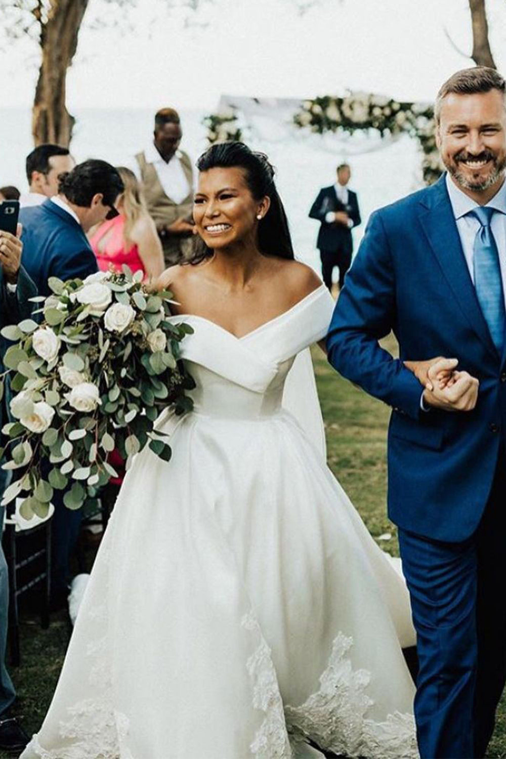 White V-Neck Off The Shoulder Ball Gown Wedding Dress with Lace