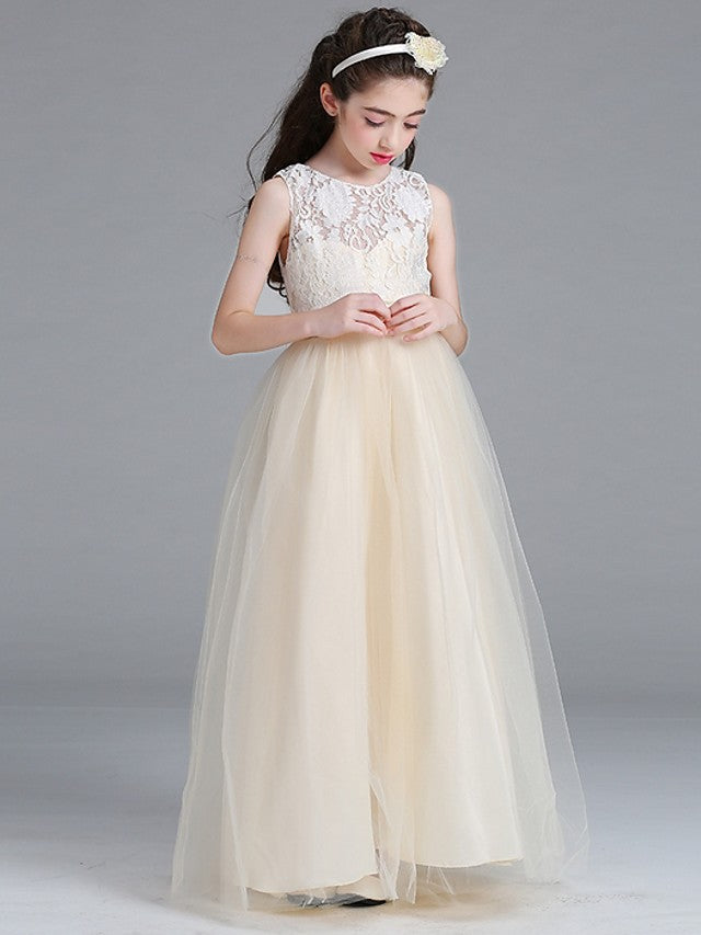 Sleeveless A-Line Round Floor Length Flower Girl Dress with Lace