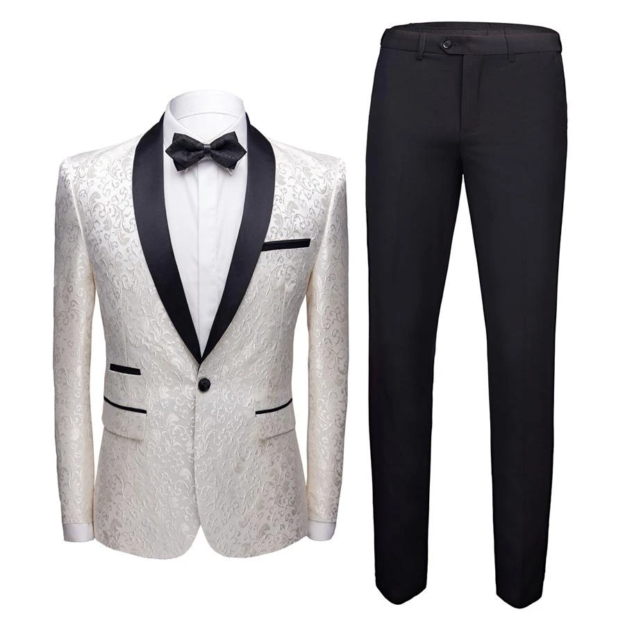 White Jacquard Wedding Suits for Men - Jacket Pants & Shawl Lapel Tuexdos