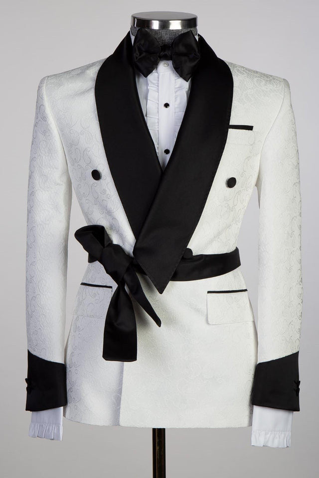 White Double Breasted Shawl Lapel Jacquard Wedding Suit for Men by Cuthbert Fashion