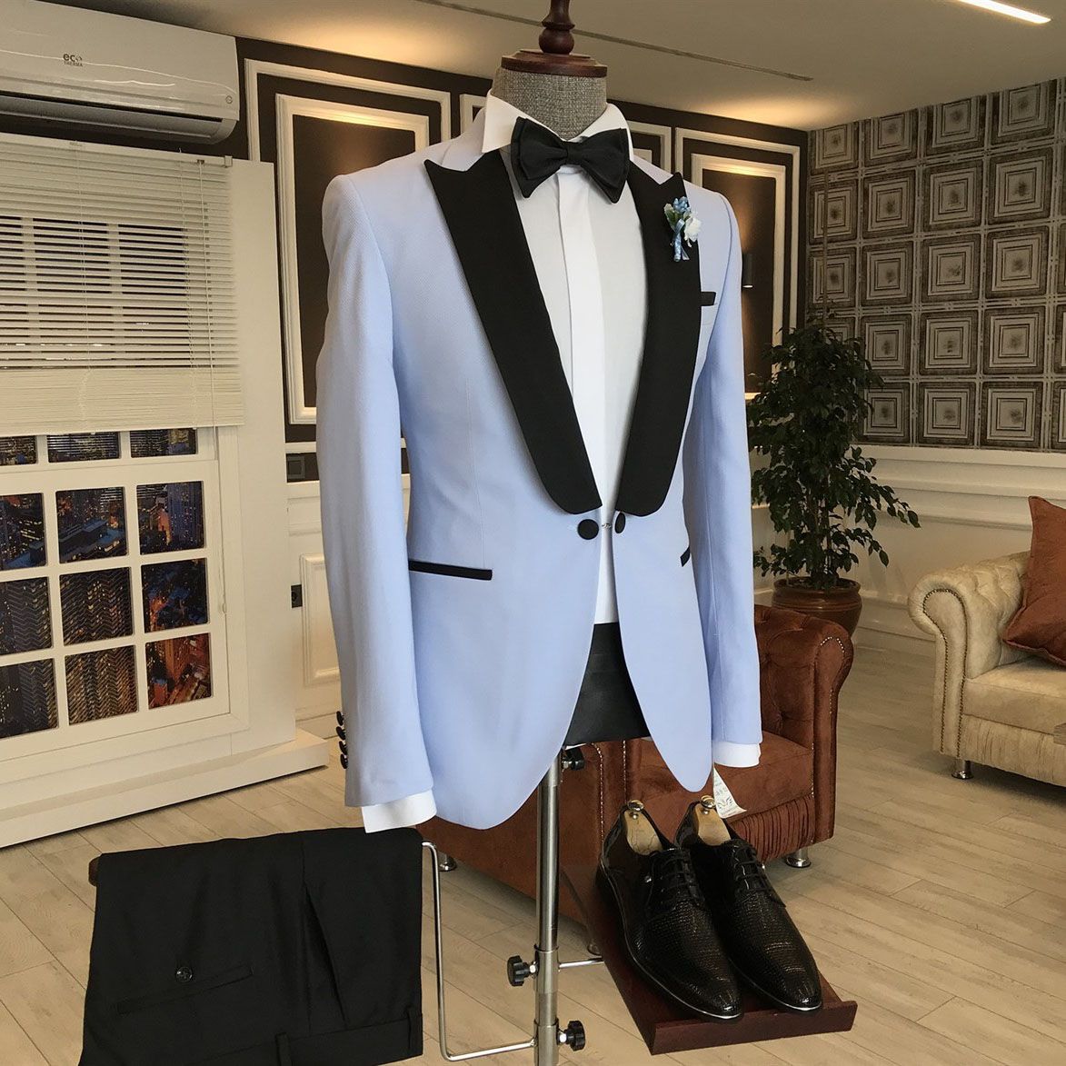 Sky Blue One Button Wedding Suit w/ Black Peaked Lapel