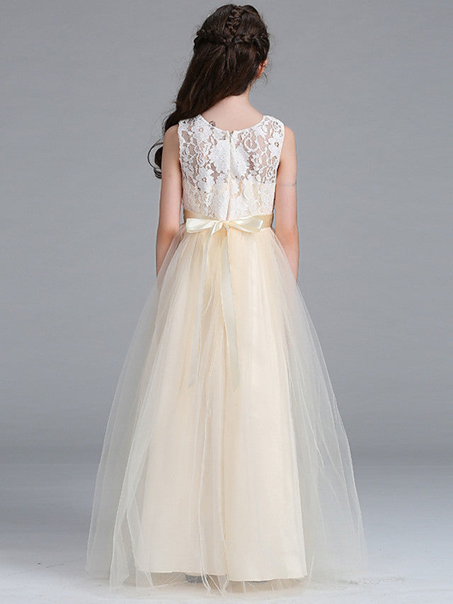 Sleeveless A-Line Round Floor Length Flower Girl Dress with Lace