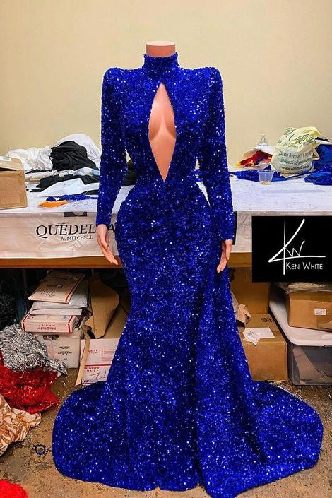 Royal Blue Mermaid Prom Dress with Sequins and High Neck Long Sleeves