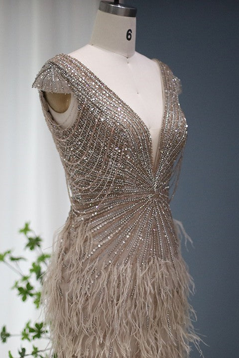 Diamond Feathers Sexy V Neck Mermaid Evening Dress