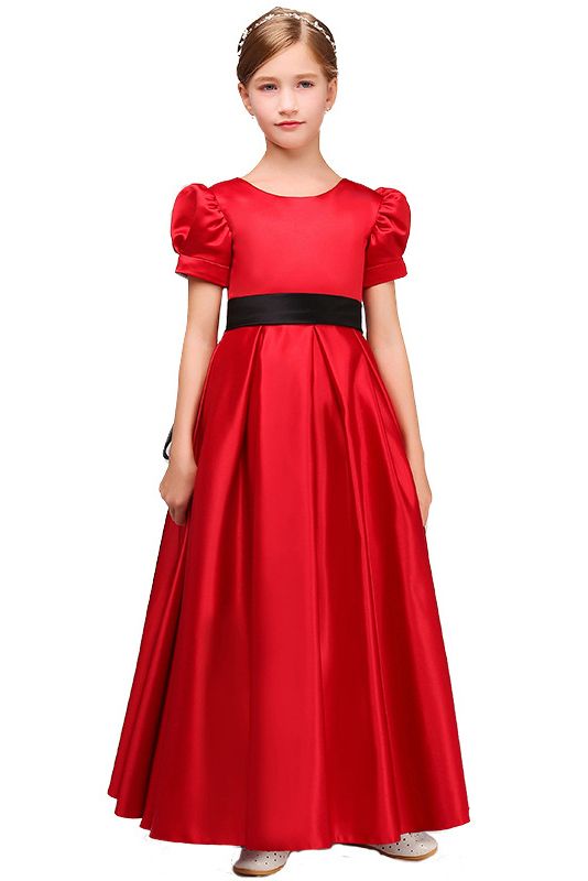 Short Sleeves Jewel Satin Flower Girl Dress with Belt