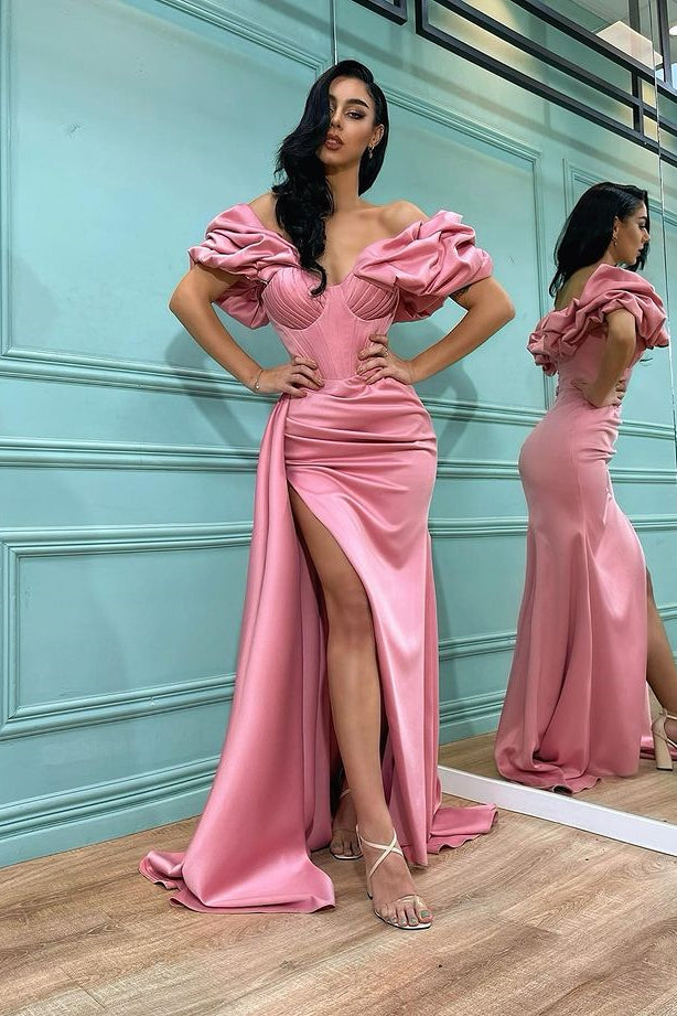 Mermaid Off-the-Shoulder Split Prom Dress in Pink