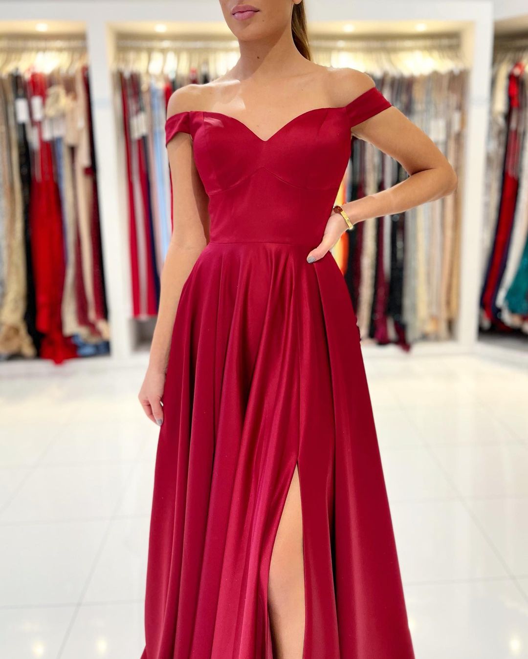 Burgundy Off-the-Shoulder Prom Dress with Slit