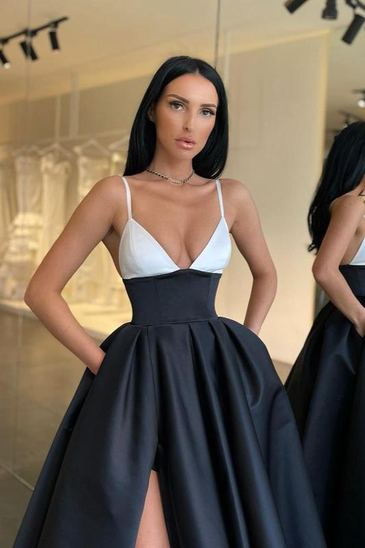 Stunning Black and White Spaghetti-Straps Prom Dress