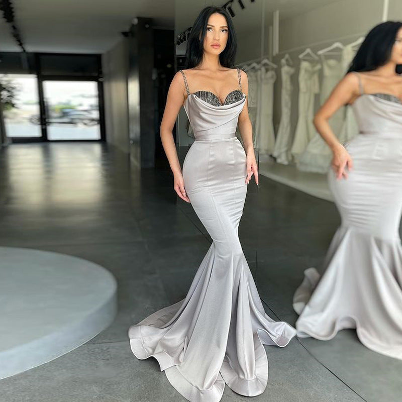 Silver Gray Mermaid Prom Dress with Spaghetti-Straps