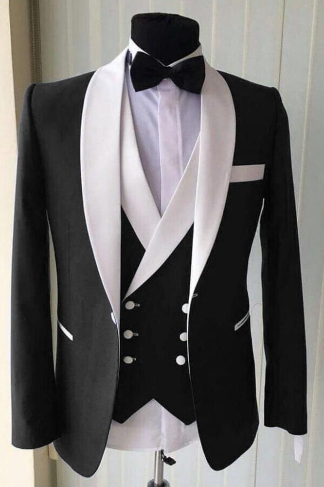 Gentle Three-Piece Summer Wedding Suit for Groom with White Shawl Lapel